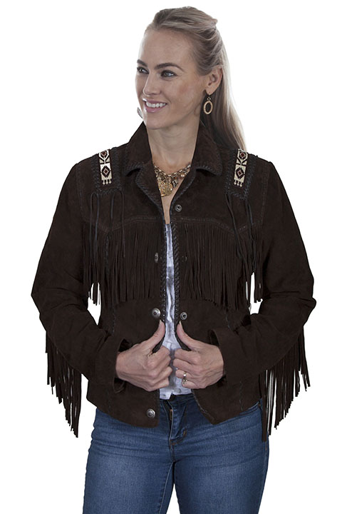 (image for) Ladies Hand Laced and Bead Trim Leather Jacket (XL / Expresso)